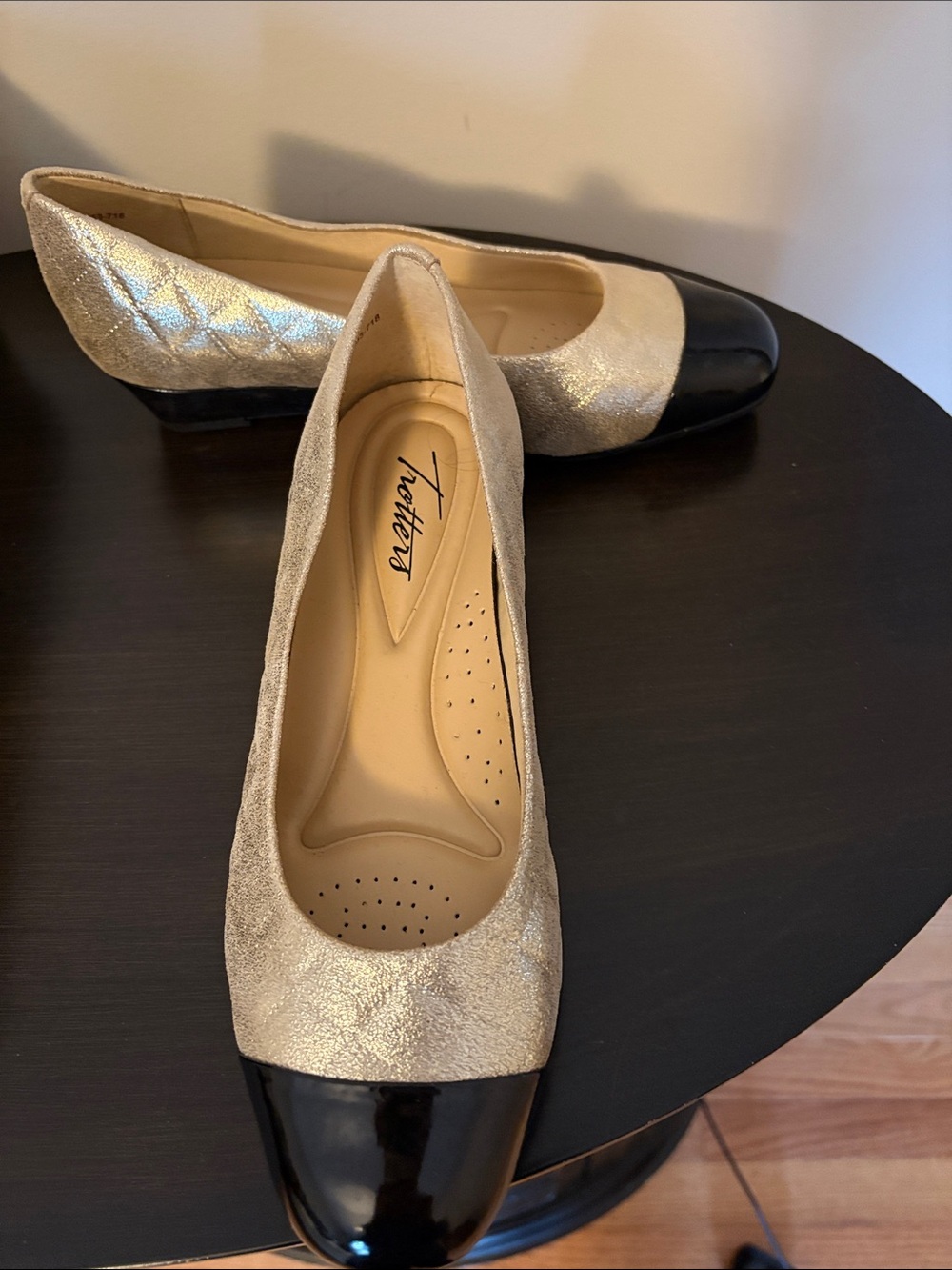 Trotters Metallic Gold Ballet Flats with Black Patent Cap Toe